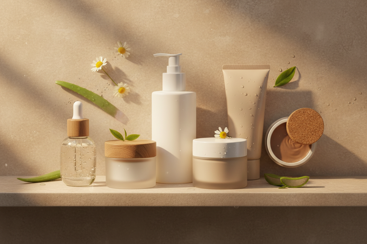 A close-up flat lay of skincare and acne treatment products sitting on a bathroom shelf, warm ambient lighting suggesting heat, no visible brand names or logos, soft shadows, slightly humid atmosphere, photorealistic style, muted beige and white tones